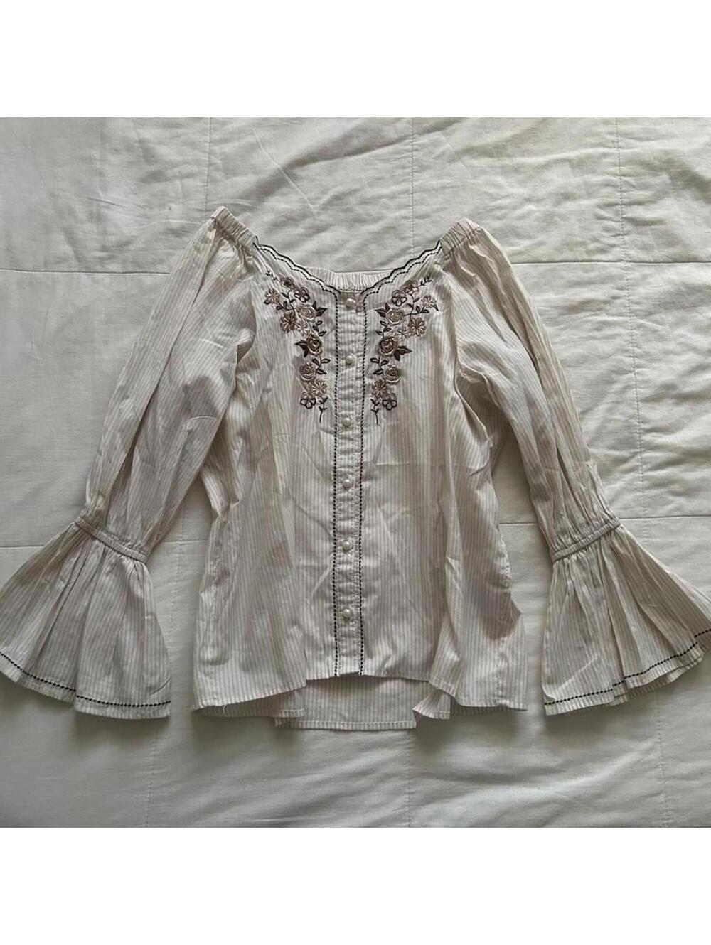 Axes Femme White and cream striped blouse with floral embroidery